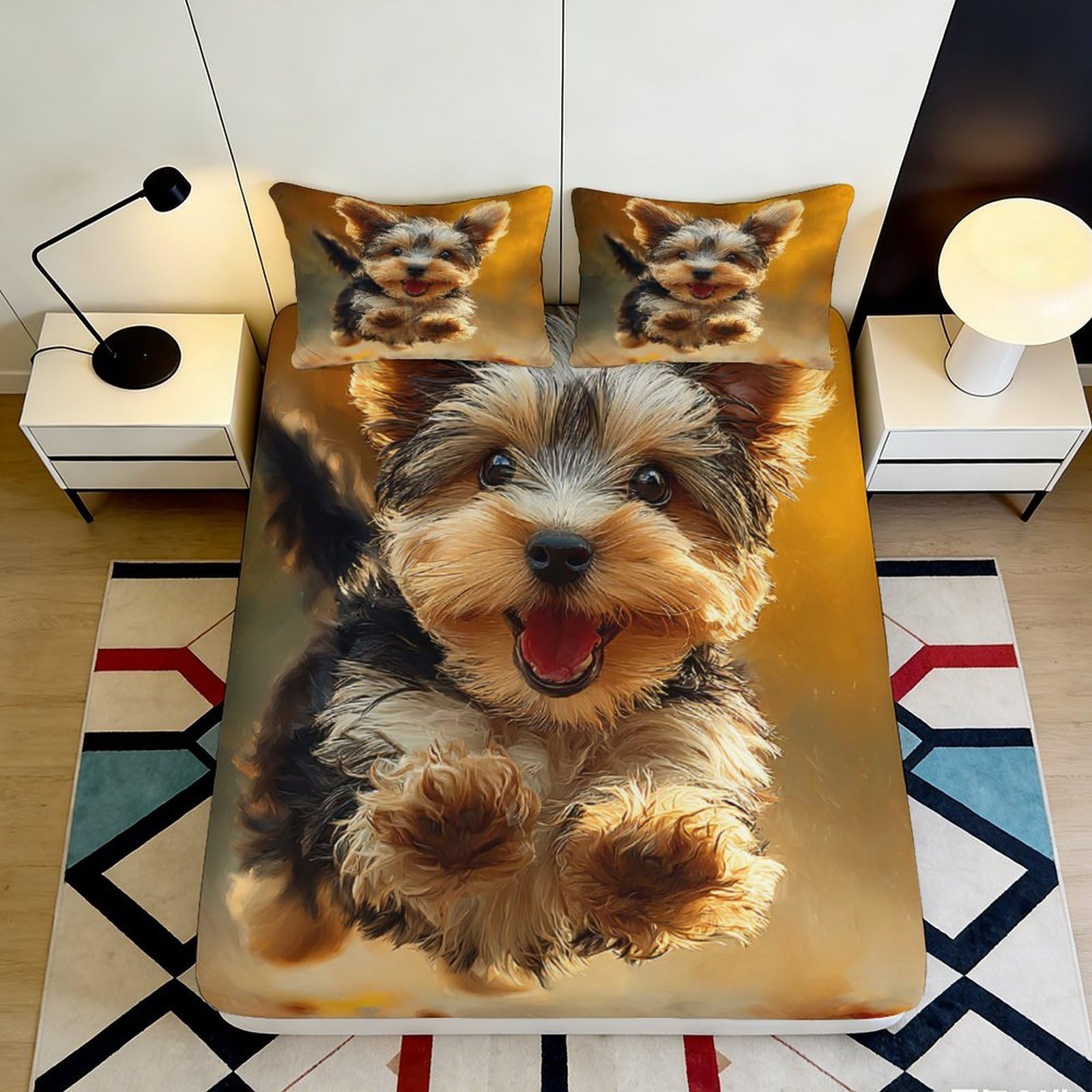 3D Printed Puppy Fitted Sheet, Microfiber Soft Touch, Wrinkle Resistant, Bed Cover for Home Bedroom, Guest Room, Apartment Bedding, Easy Care, Dog Pattern, Decorative 90x200x25cm