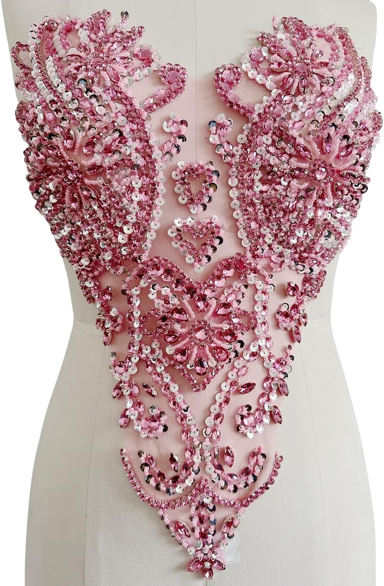 Handmade Shinning Rhinestones lace Applique Pure handsewing Beads Crystal Sequins Trim Patches Perfect Decoration Accessories (Pink)