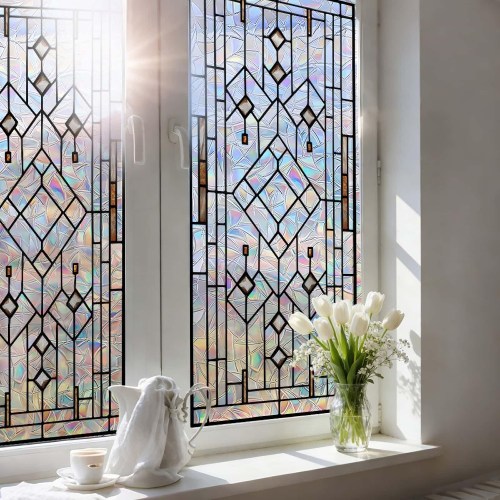Privacy Film for Glass Windows 43x200cm Black Geometry Stained Glass Window Film Non Adhesive Reusable Waterproof PVC Opaque Window Stickers for Bathroom Office Decoration