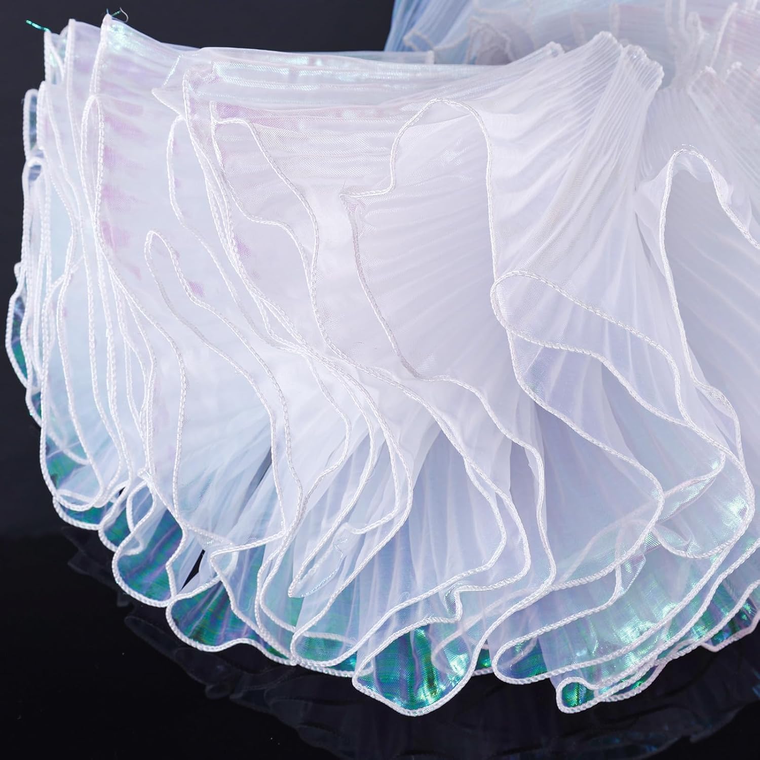 15 Yards Iridescent Organza Ruffle Trim, Holographic Tulle Ruffle Fabric Vintage Organza Pleated Ribbon for Party Costume Decoration Sewing Dress Trimming Craft (Iridescent White)