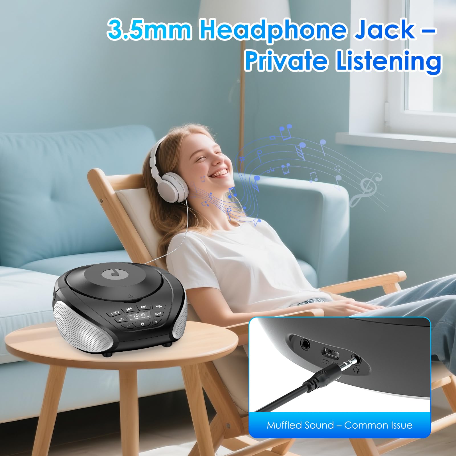Gueray Lettore CD Portatile Boombox - Radio CD Compatto con Altoparlanti Stereo, Radio FM, Ingresso AUX 3.5 mm, Jack per Cuffie e Display LCD per Interni, Esterni, Viaggi & Audiolibri (Nero + Argento)