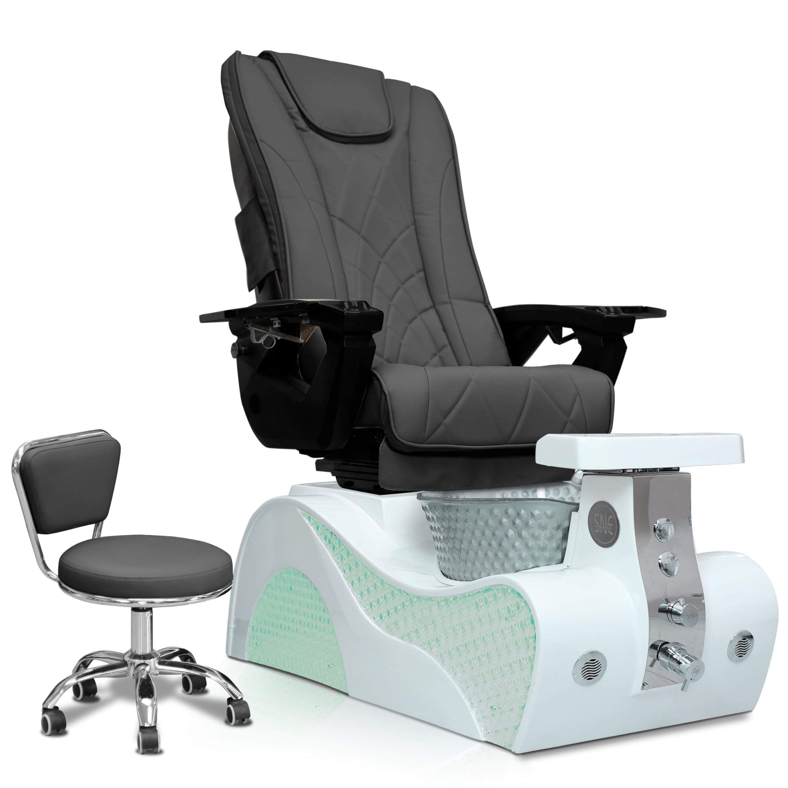New Wave Pedicure Chair for Nail Spa with Massage, Heat, USB, Air Vent & Bubble System – Includes Stool, Pillow, Magnetic Jet Heads & Discharge Pump – Luxury Spa Station (White Base) (Espresso)