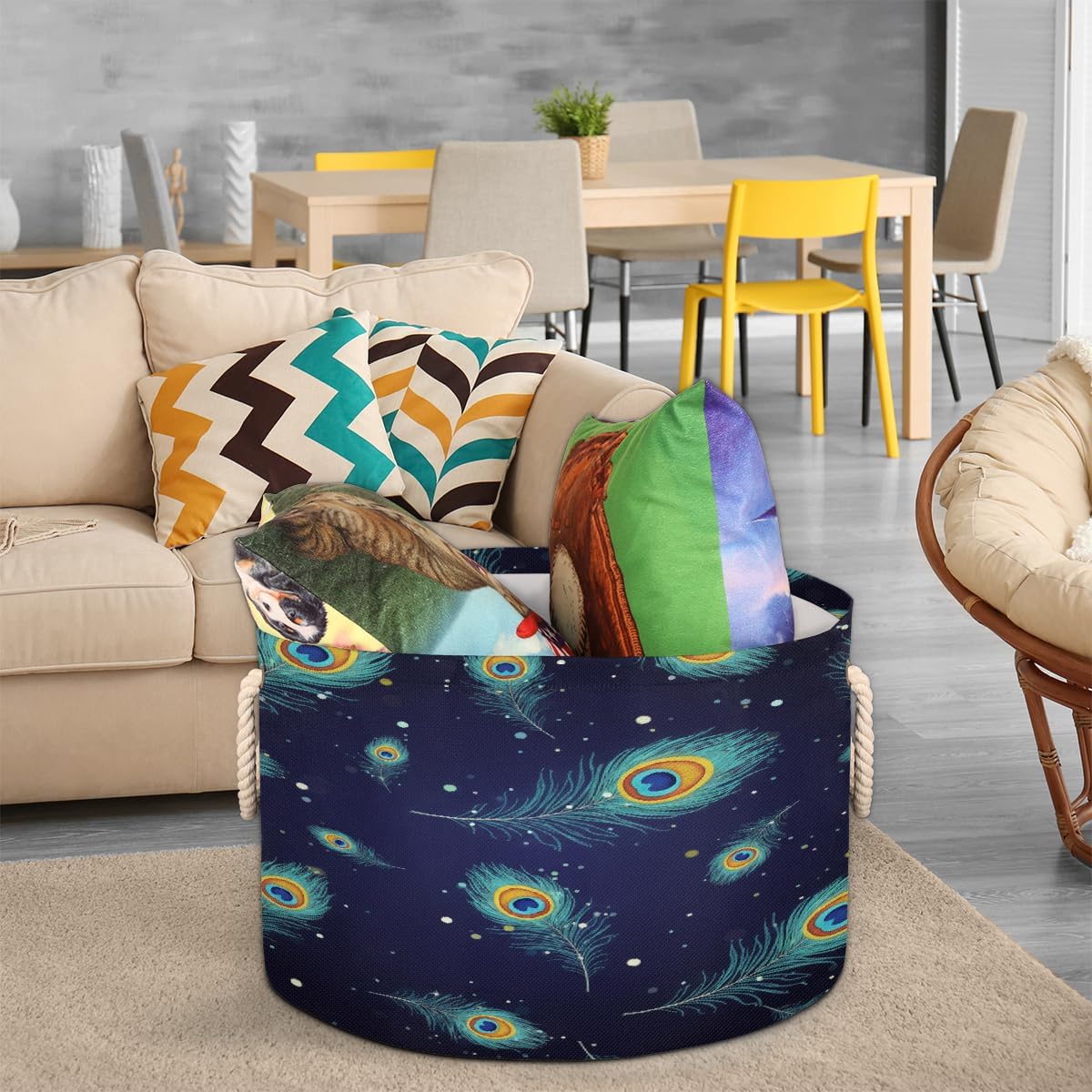 Large Storage Baskets - Peacock Feather Nursery Round Collapsible Organizer Bin Box, Laundry Hamper for Kids Toys, Blanket, Bedroom Living Room Home Decor, Gift Basket, 19.4"x13.3"