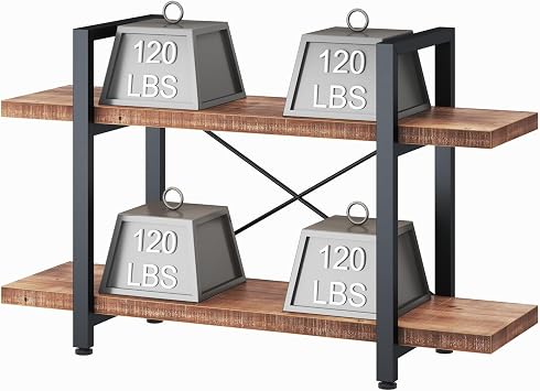HSH 2 Tier Industrial Solid Wood Bookshelf, Distressed Brown | Rustic Natural Wood and Metal Shelves, Storage & Display Bookcase for Living Room, Bedroom, Home Office