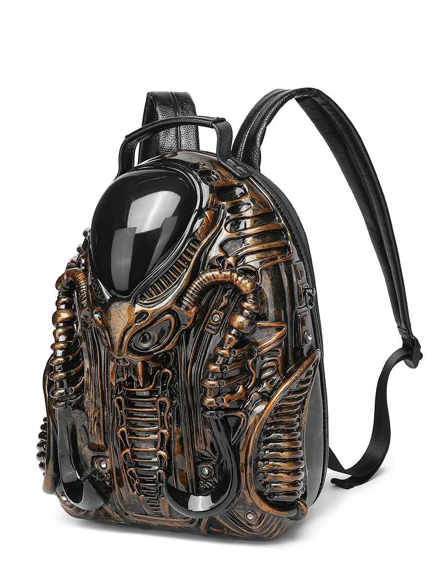 3D Xenomorph Shaped Backpack Steam Punk for Men Women Y2K Personality Travel Handbag PVC Unique Novelty Alien Purse (gold)