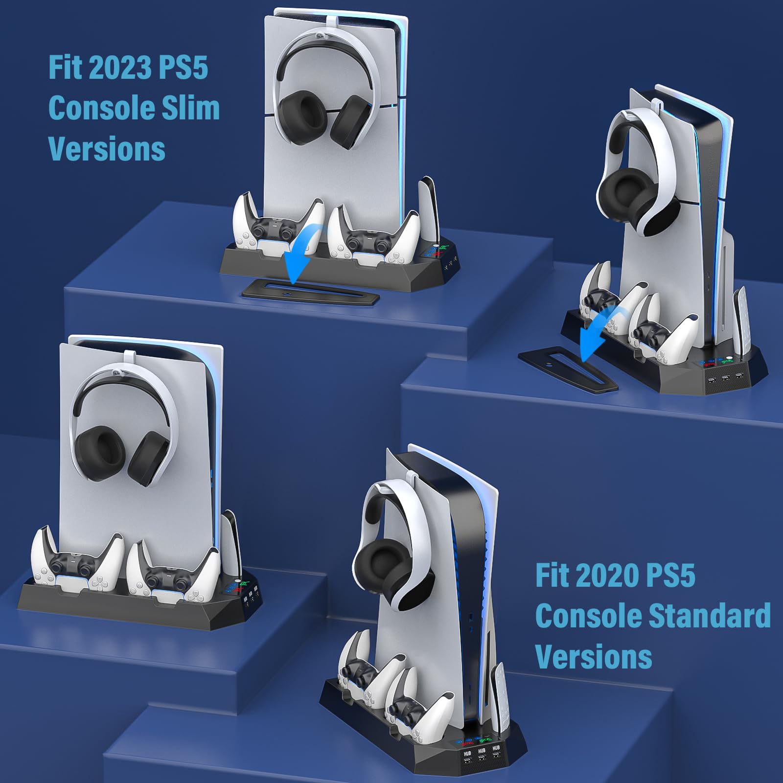 PS5 smukły stojak i stacja chłodząca z kontrolerem do Playsation 5 Slim & Standard Disc/konsola cyfrowa, akcesoria PS5 z ładowarką/wentylatorem turbo/3 koncentratorami USB/stojakiem