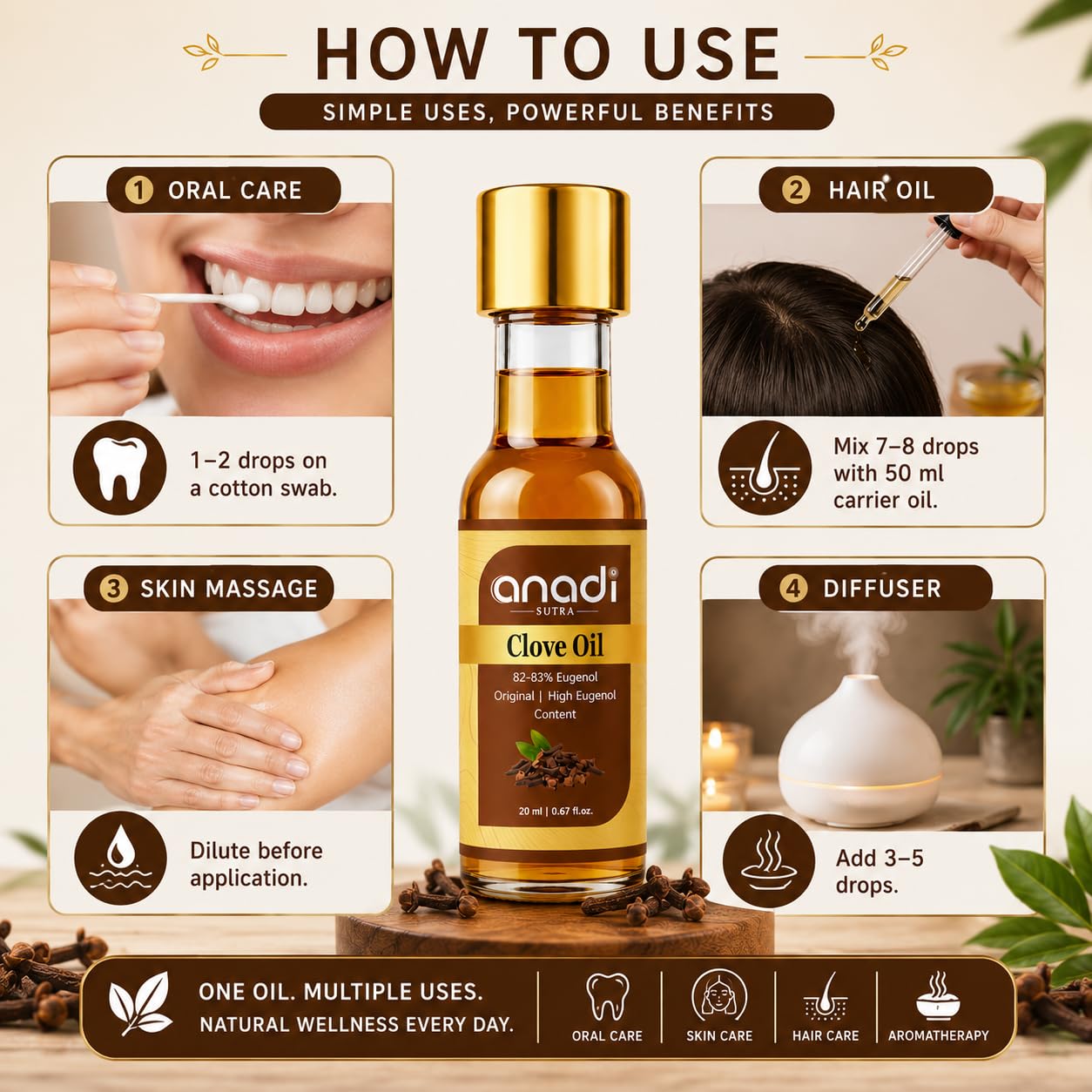 Anadi Sutra Pure Clove Essential Oil 20ml | Natural Lavang Oil (Laung Tel) | Lab Tested 75β80% Eugenol Sri Lankan Clove Oil | Undiluted Oil for Teeth, Gums, Oral Care, Skin, Hair, Acne & Aromatherapy 2