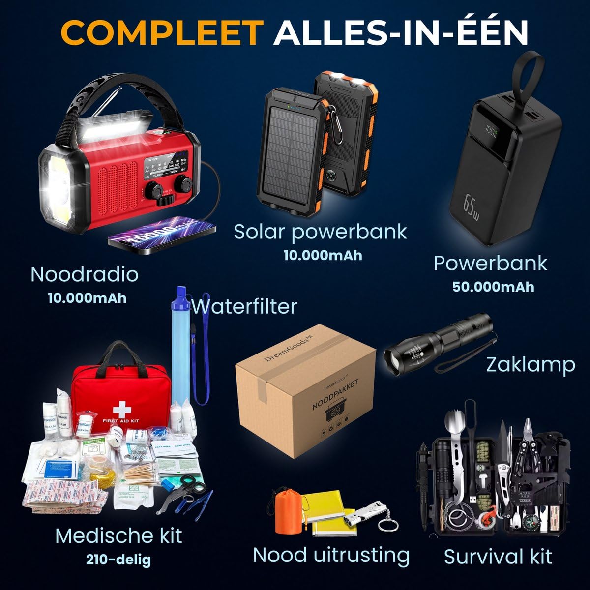 DreamGoods 70.000mAh Notfallpaket - Notfallpaket für Zuhause 72 Stunden - Überlebenspaket für Krieg, Stromausfall & Katastrophen - Katastrophenrucksack - Survival Kit