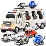 TEMI 5 Pack Ambulance Vehicle Toddler Truck Toys for 3 4 5 6 Year Old Boys, Friction Powered Cars with Toy Helicopter, Police Car, Fire Truck, Ambulance Car, Birthday Gifts for Girls Age 3-9