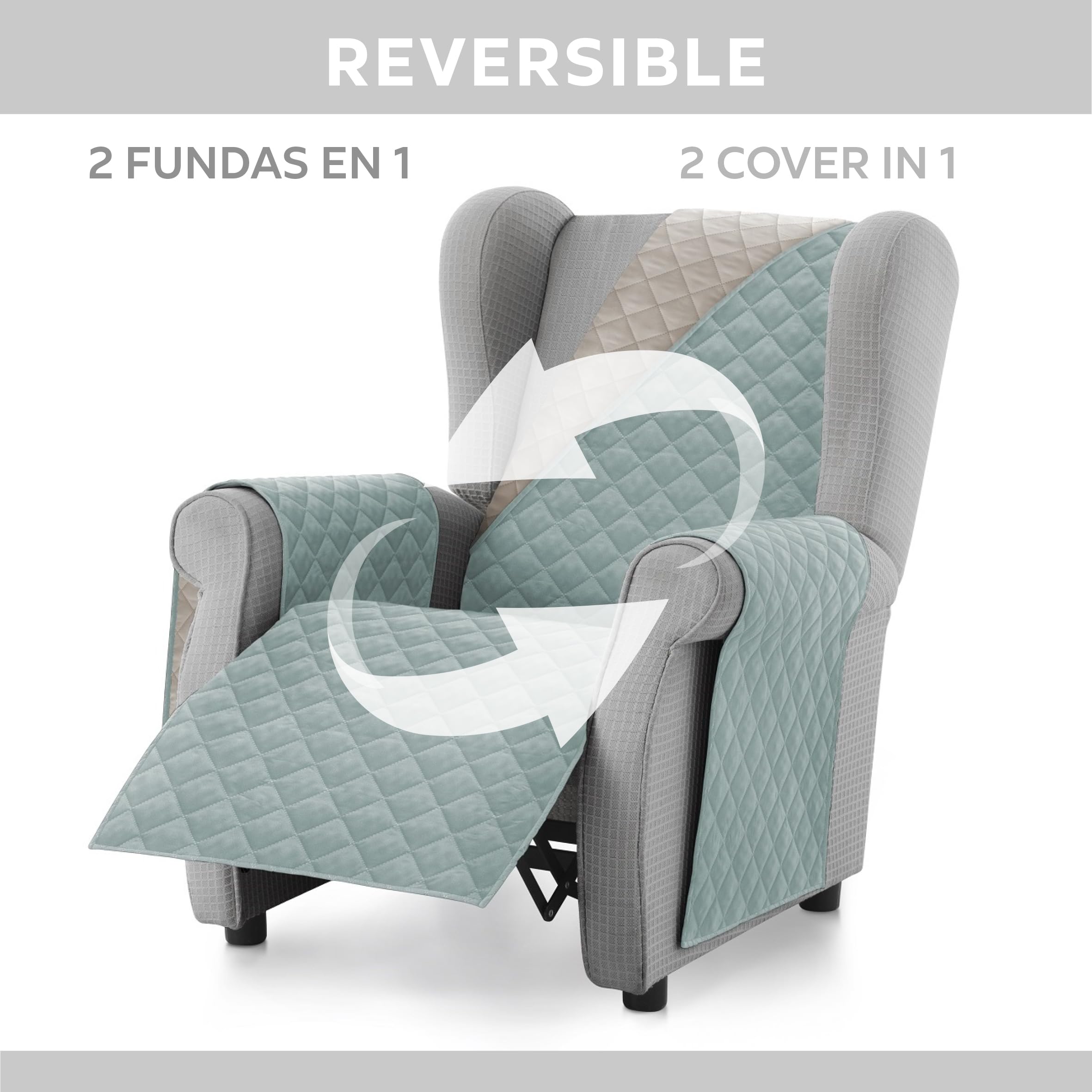 Textilhome Copridivano Malu 1 Posti con Braccioli – Copripoltrona Relax e Orecchioni Reversibile, Imbottito, Protezione Antigraffio per Divani, Colore Acquamarine