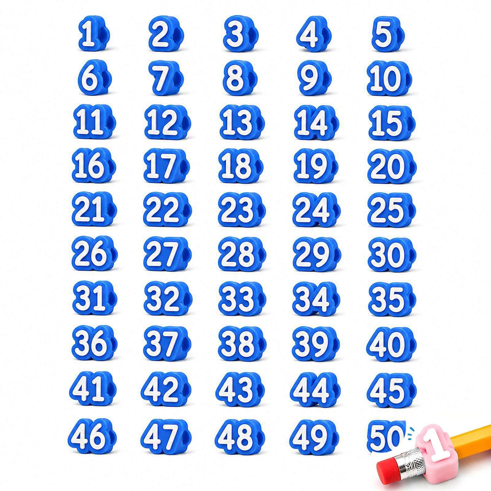 Numbered Pencil Toppers, Reusable Classroom Pencil Labels for Teachers, Cute Pencils Tracking Markers for Supply Stations, School Organization and Classroom Management (Blue 1-50)