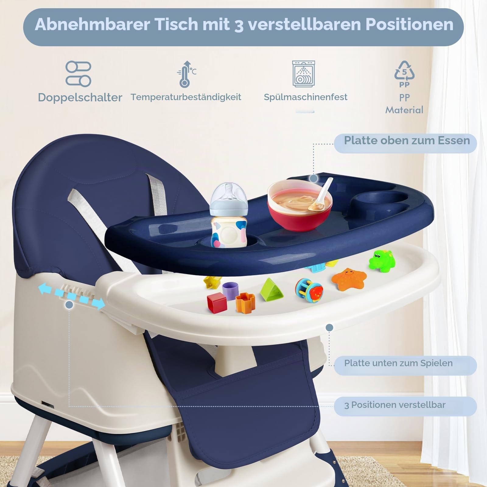 Aufun Kinderhochstuhl Klappbarer 4in1, Multifunktionaler Verstellbar, Baby Hochstuhl mit Tablett Abnehmbares und Rollen, Kinderhochstuhl Kombinierbarer mit 5-Punkt-Gurt, Kinder Essstuhl, Blau