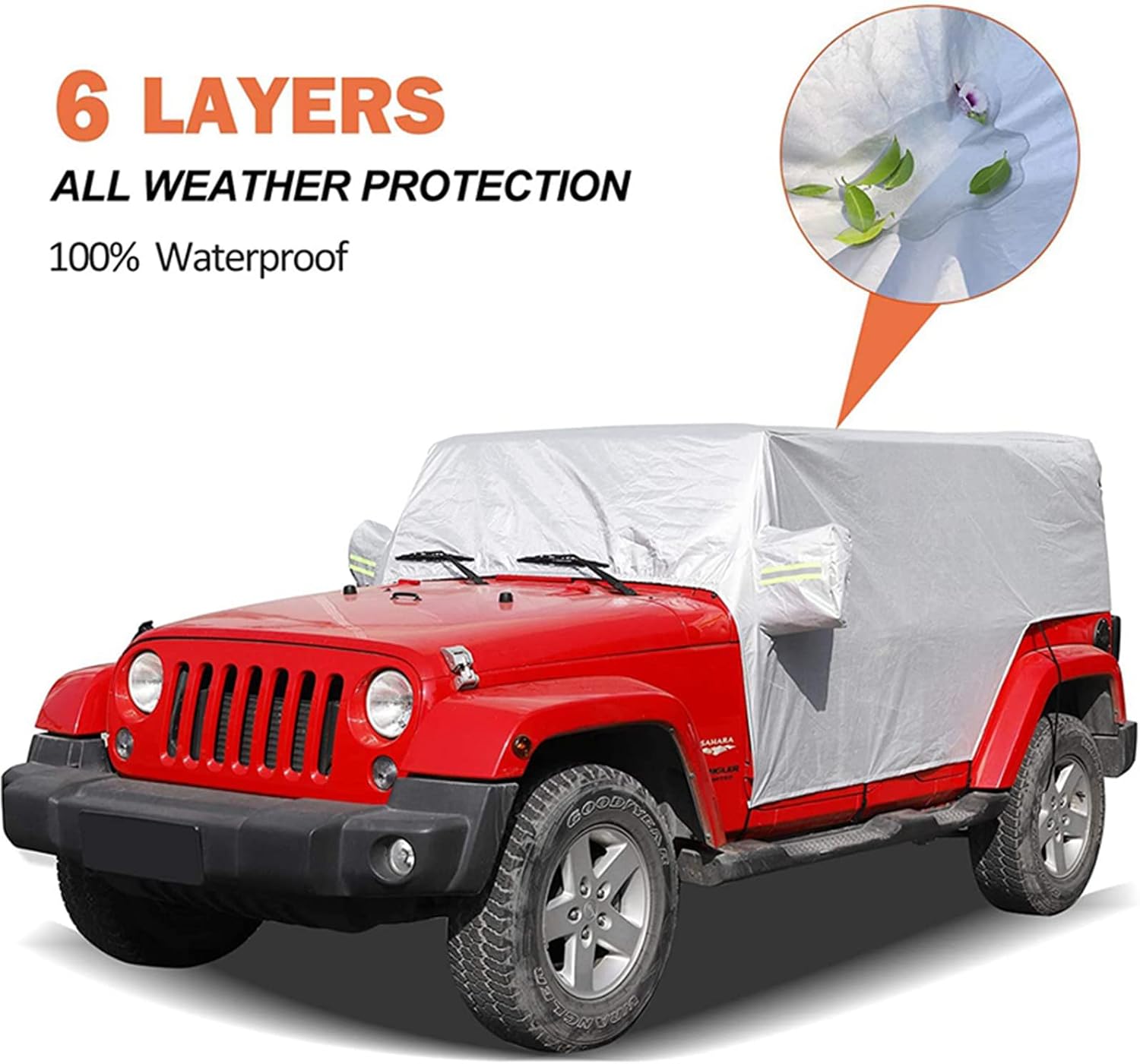 Half Car Cover 6-Layer Protection, Windshield Waterproof Snow Ice Cover with Side Mirror Covers and Fluorescent Strip, Fit Most Car and SUV