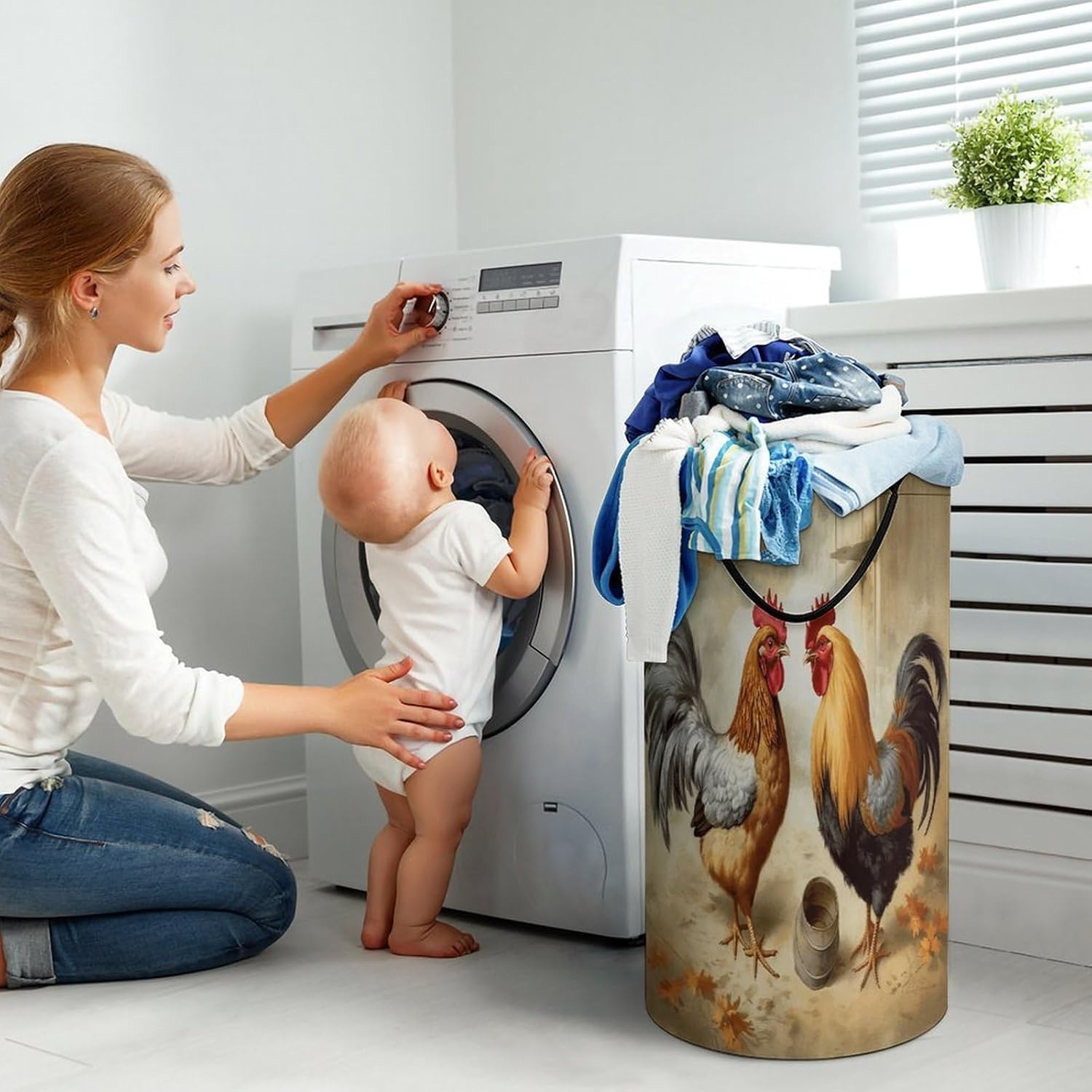 Chicken And Rooster Print Laundry Hamper Large Collapsible Laundry Basket with Handles Waterproof Clothes Hamper Portable Dirty Clothes Basket for Bedroom Laundry Room Closet Bathroom