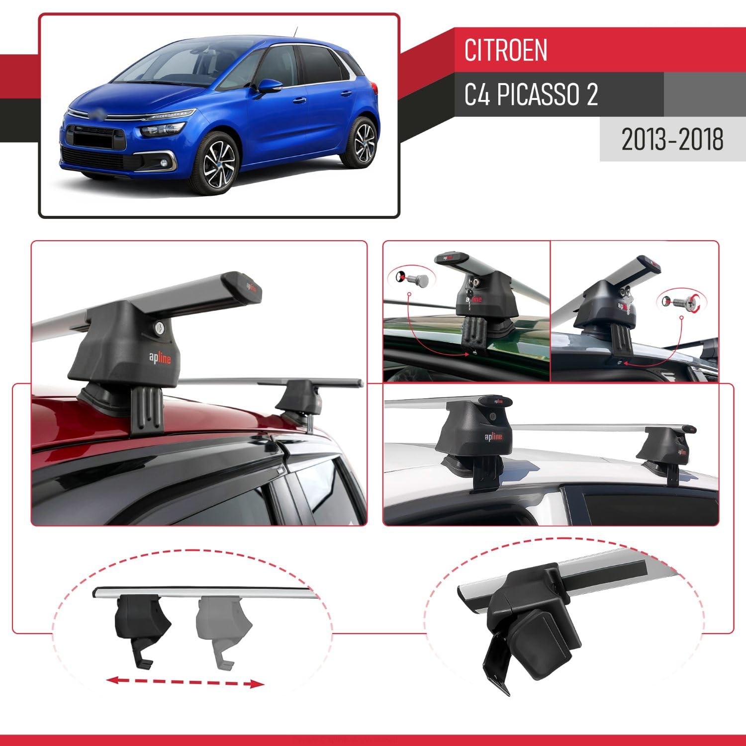 Kompatybilny z Citroen C4 Picasso 2 2013-2018 ACE-4 Model Aluminiowy bagażnik dachowy 2 poprzeczki, szary