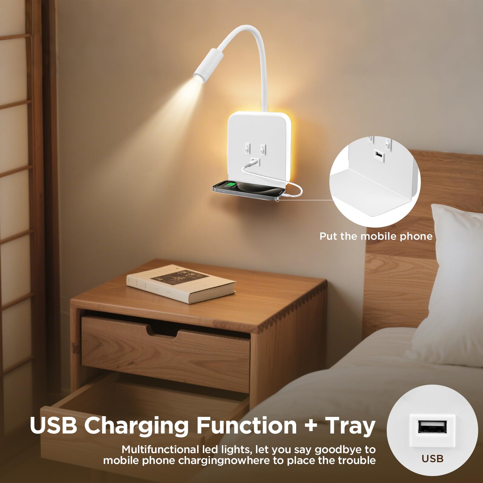2pcs Lampada da Parete a LED, Lampada da Comodino a Collo di Cigno, Lampada da Lettura Regolabile da Comodino, Luce da Lettura 3 in 1 con Porta di Ricarica USB, Supporto per Cellulare(Bianco)