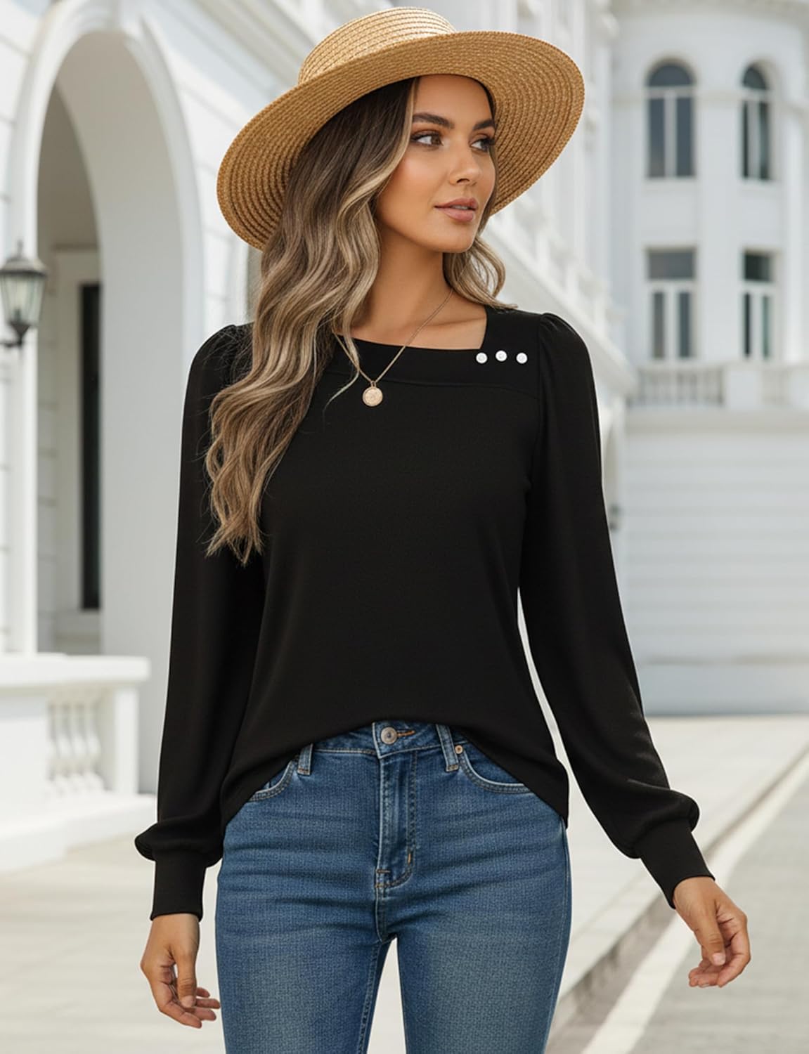 Buauty Long Sleeve Shirts for Women Asymmetric Neck Tunic Tops Decorative Buttons Fall Clothes Work Business Blouses - Image 3