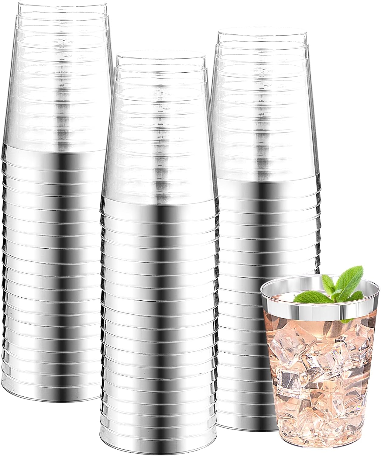 DaYammi 200 Pack Silver Plastic Cups 10 Oz Clear Plastic Cups Silver Rimmed Disposable Wine Glasses Heavy Duty Disposable Tumblers Drinking Cocktail Glasses for Party Wedding B Silver