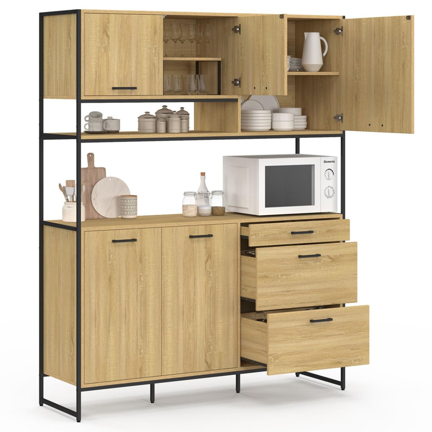 IDMarket - Küchenbuffet 140 cm Detroit 5 Türen + 3 Schubladen Industriedesign