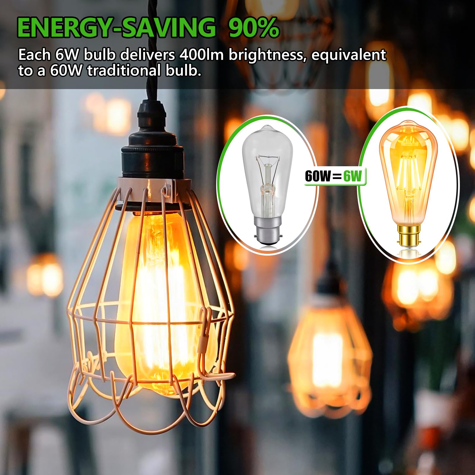Morotty B22 Vintage Bayonet LED Light Bulbs 6W,Decorative Light Bulb,60W Equivalent,400lm,Warm White 2700K,ST64 LED Filament Bulb - Image 4