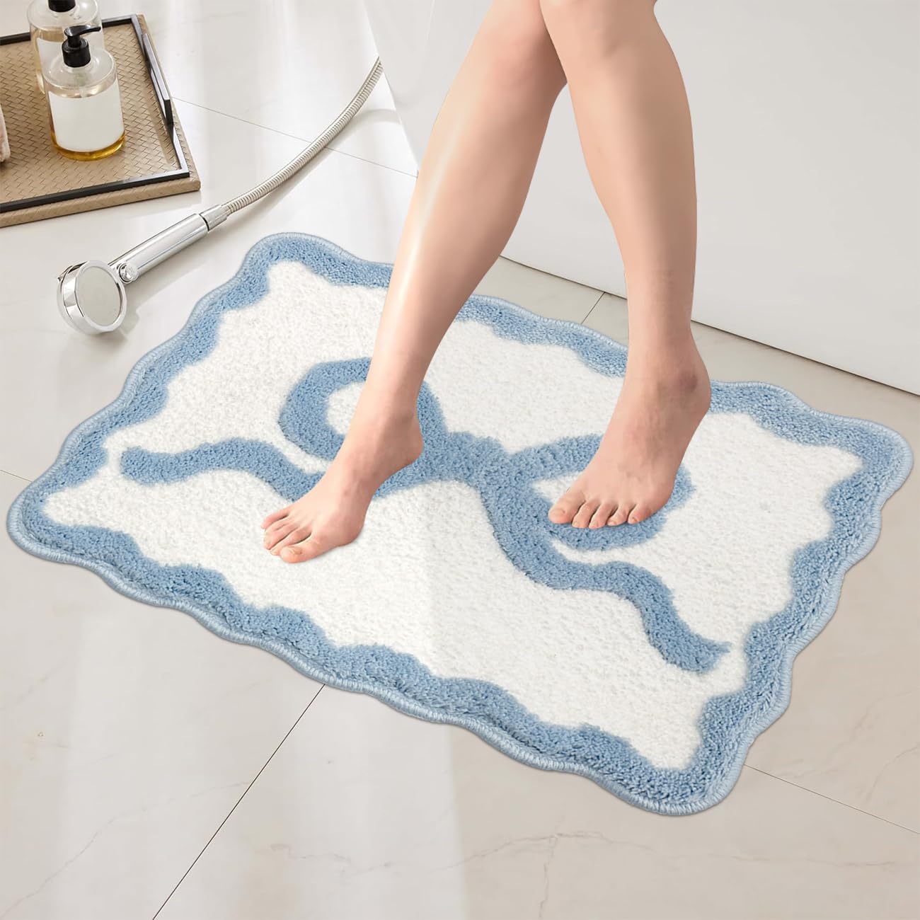 DALIUSE Blue Bow Bathroom Rugs, Preppy Scalloped Rug Cute Bath Mat Girly Shower Rug Coquette Aesthetic Bath Mat Bow Decor for Bedroom, Kitchen,