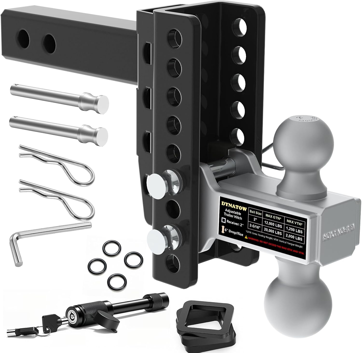 Zero-Noise Adjustable Trailer Hitch for 2 Inch Receiver - 6 Inch Drop/Rise, 22,000 lbs Towing GTW, Tow Dual Ball Sizes (2" & 2-5/16"), Anti Rust, Anti-Theft Lock Included (Grey, 6 Inch Drop/Rise)