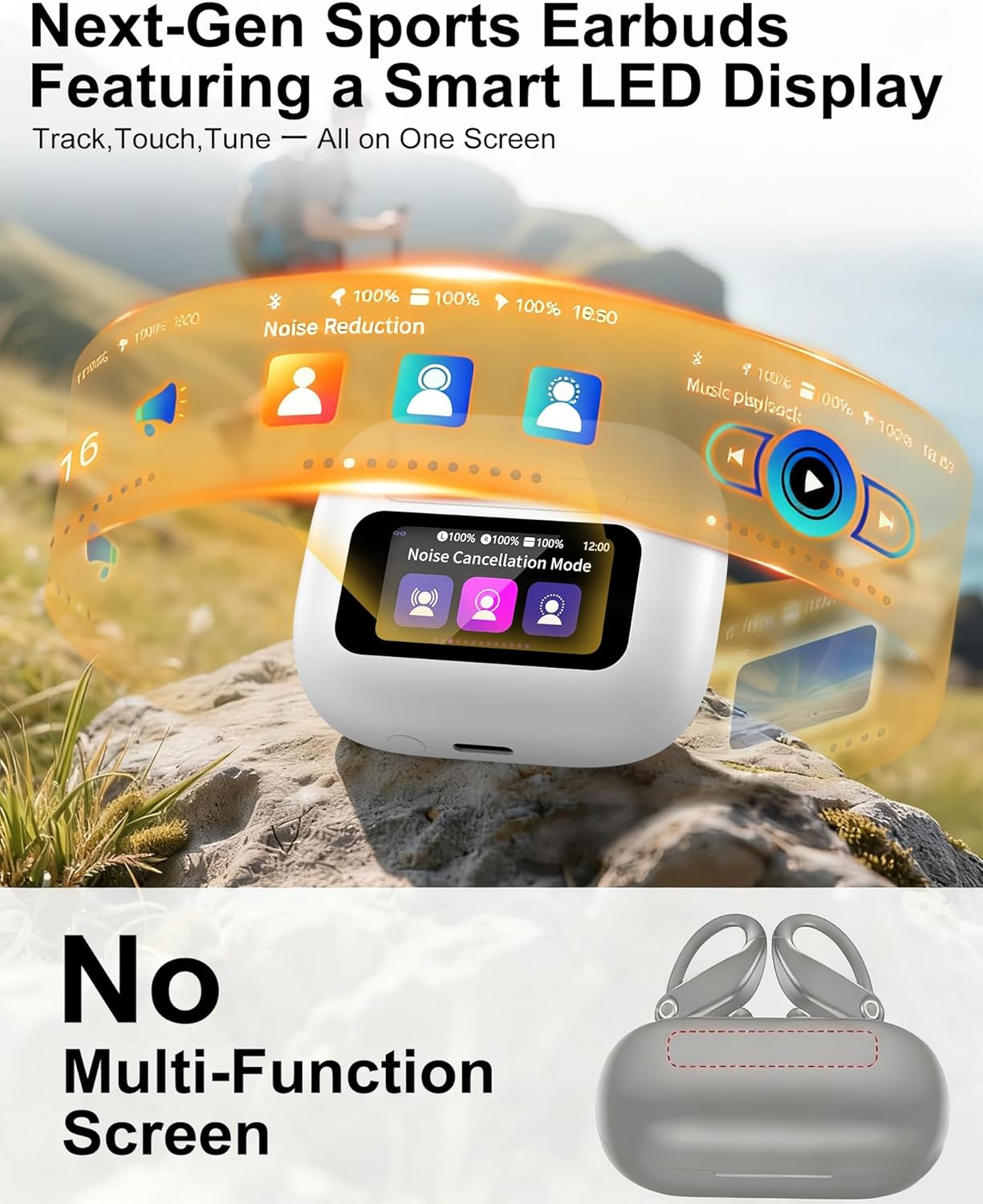 AILKIN S80A charging case with earbuds inside, showing battery level on the touchscreen.