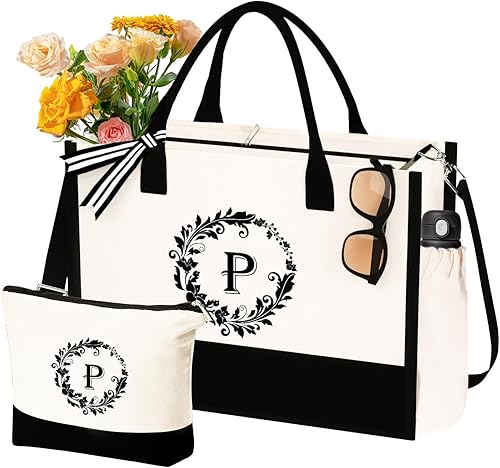 Regalos para el Día de la Madre bolsas de lona con iniciales y maquillaje con correa ajustable, regalos de cumpleaños para el día de la madre para