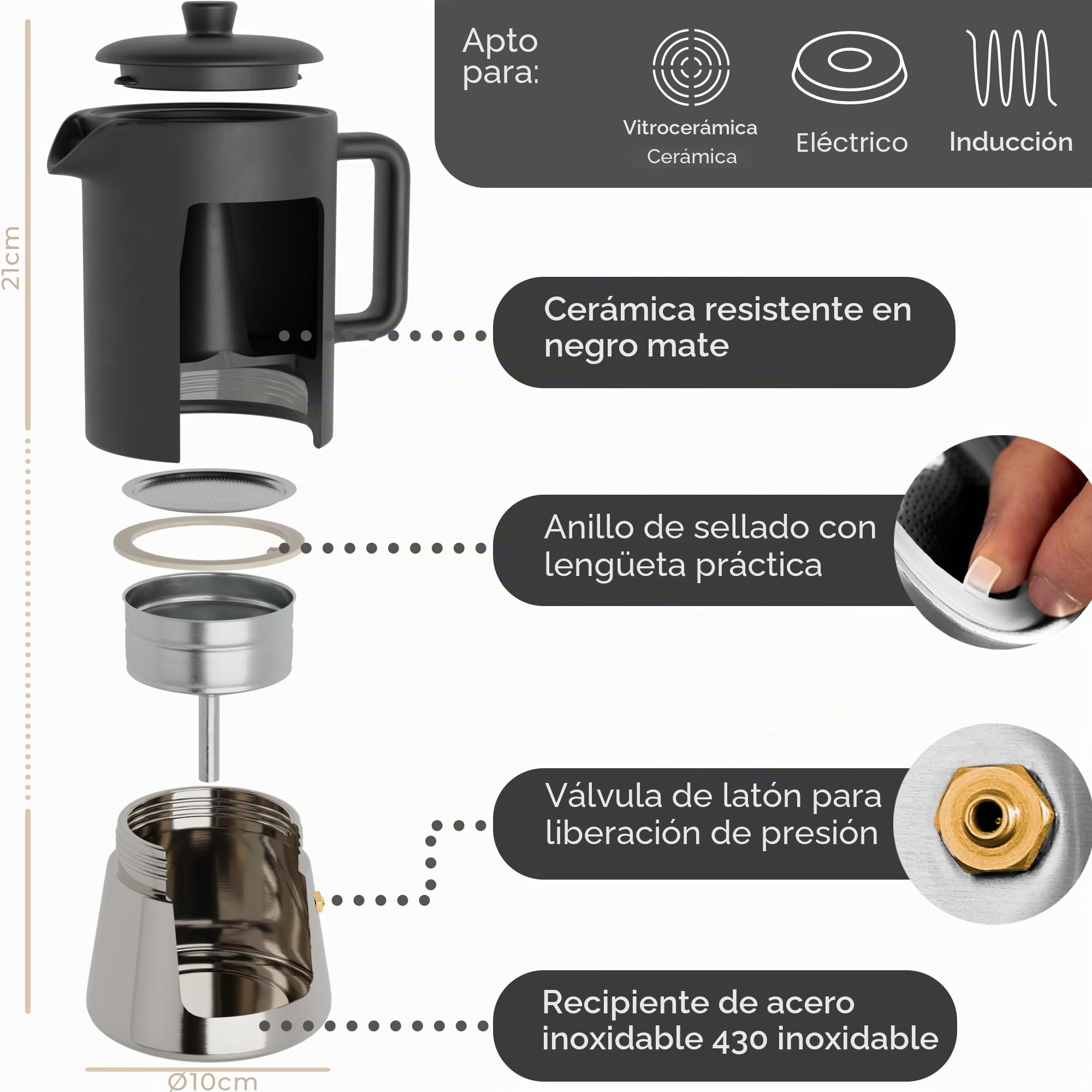 Steinzeit Cafetera espresso de diseño de cerámica (300 ml) – Cafetera de inducción apta para todo tipo de fuegos – Cafetera moka con base de acero inoxidable y jarra de cerámica