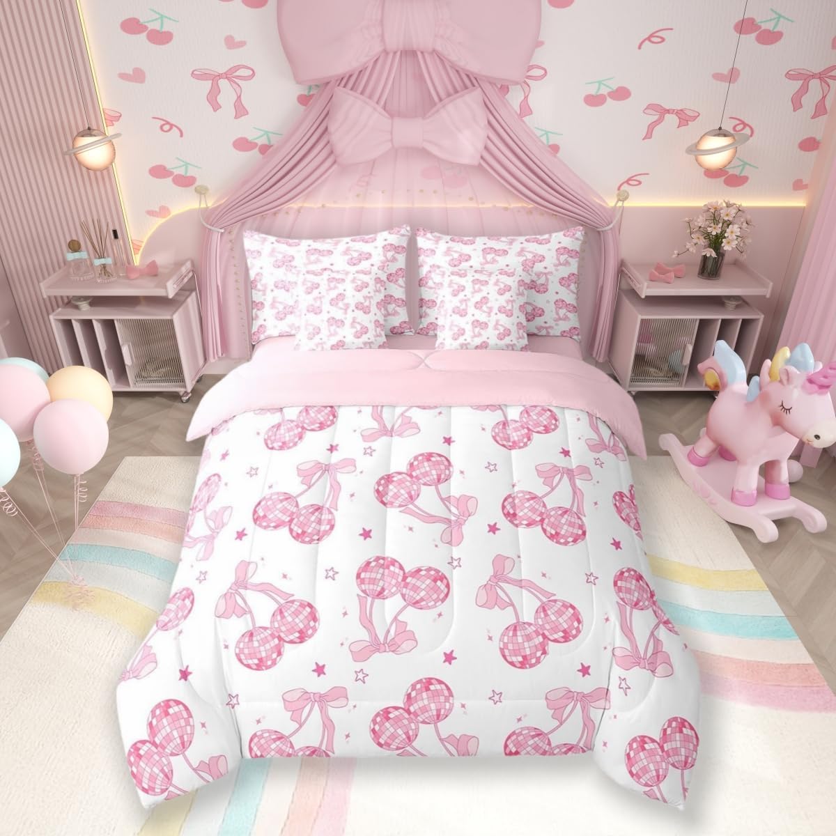 7 Pieces Cartoon Frog Kids Comforter Set Full,Pink Bowknot Bow Tie Butterfly Knot Bedding Set,Geometric Plaid Grid Patchwork Cute（Comforter+Fitted+Flat Sheet+2 Pillowcases+2 Throw Pillow Covers）