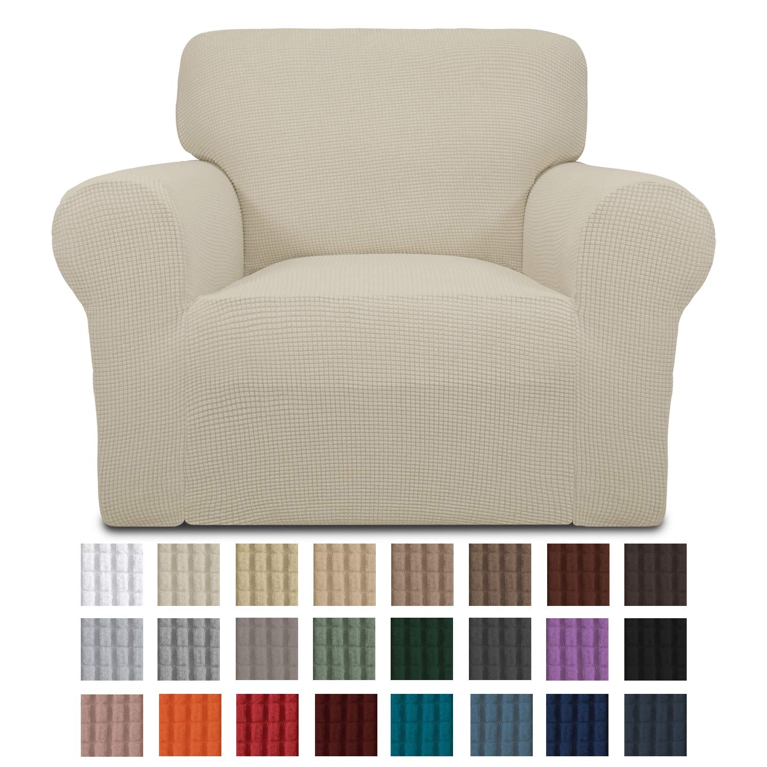 Easy-Going Stretch Chair Sofa Slipcover 1-Piece Couch Sofa Cover Furniture Protector Soft with Elastic Bottom for Kids. Spandex Jacquard Fabric Small Checks(Chair,Ivory