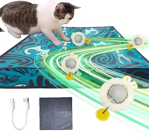 Miniatura 10 de Juguetes interactivos 2 en 1 para gatos para interiores, juguete de bola rodante rápida en tapete de juego, juguete automático de activación de