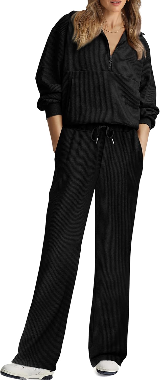 XIEERDUO Women’s Half Zip Sweatsuits Two Piece Travel Outfits Oversized Ribbed Sweatshirts Sweatpants Lounge Sets S-3XL