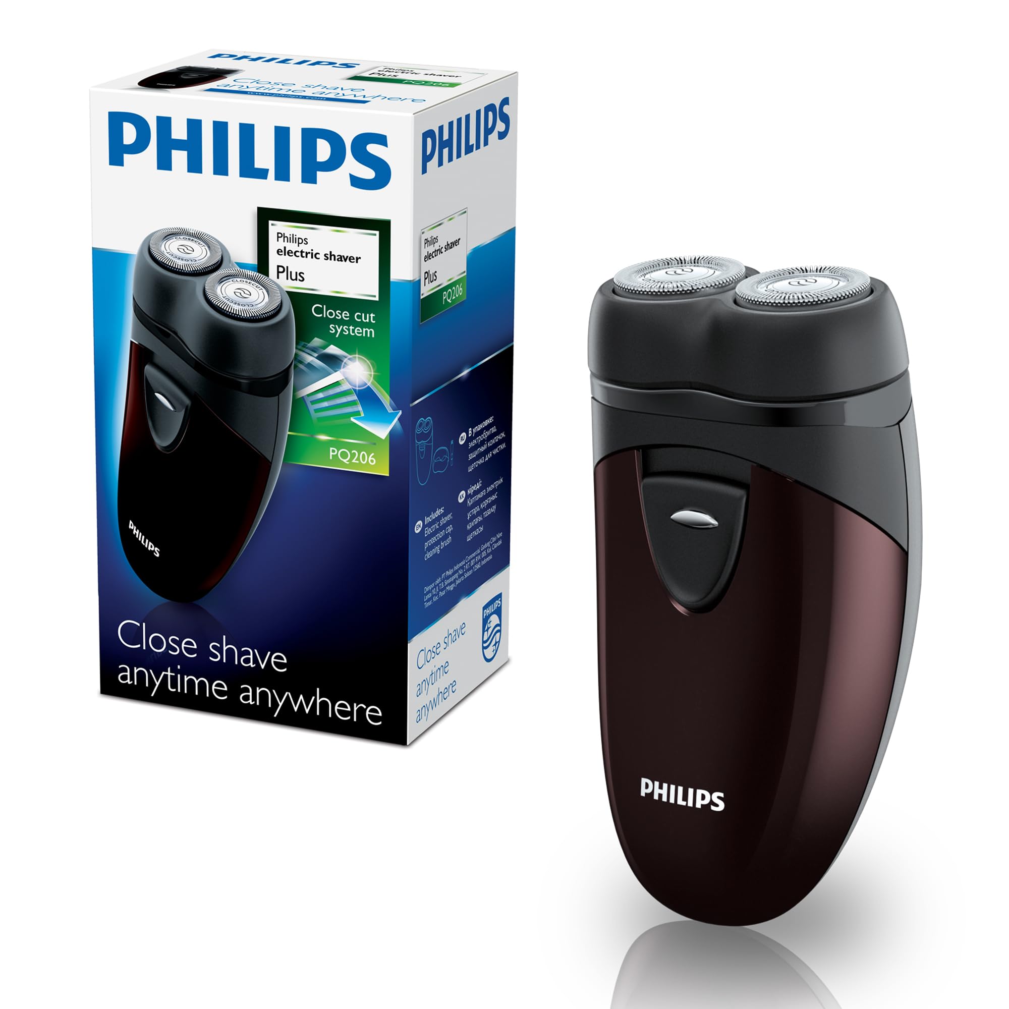 Philips Afeitadora Portátil, Afeitadora Eléctrica en Seco de Viaje para hombre, Sistema de Cuchillas CloseCut, Cabezales flexibles, Diseño compacto, Pilas, Modelo PQ206/18 GreenCircle Certified: Certified Environmental Facts Label
