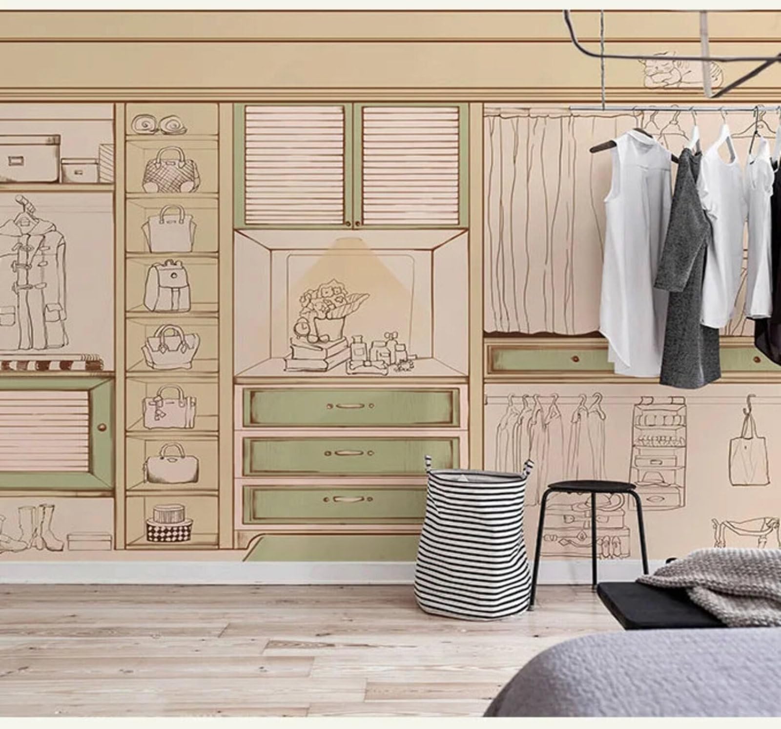 Tzxztt Cartoon Hand Drawn Line Art Wardrobe Art Modern 3D Wallpaper Premium Textured Silk Neutral Tones Material Ideal for Living Room Bedroom-150cm×105cm