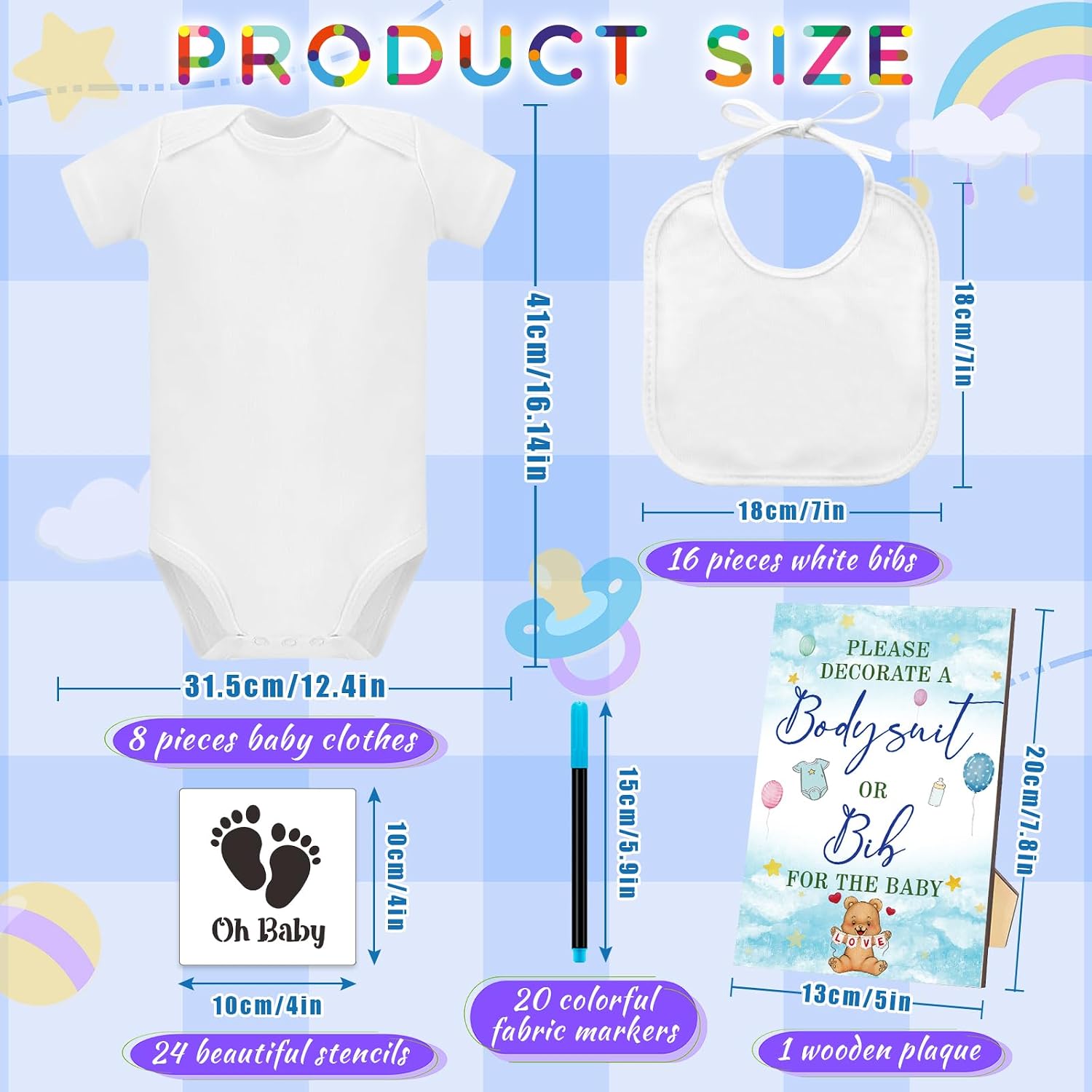 69 Pcs Baby Bib Bodysuit Baby Shower Set Baby Shower Game Sign Baby Feeder Bib Newborn Bodysuit Fabric Marker