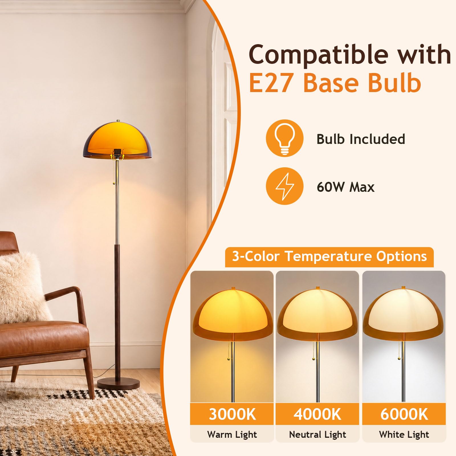 Orangefarbene Pilz-Stehlampe 153 CM, Mid-Century Modern | Zweischichtiger Acryl-Kugellampenschirm, E27, 3 Farbtemperaturen, Metallstange In Holzoptik Für Wohn-, Schlafzimmer Und Büro