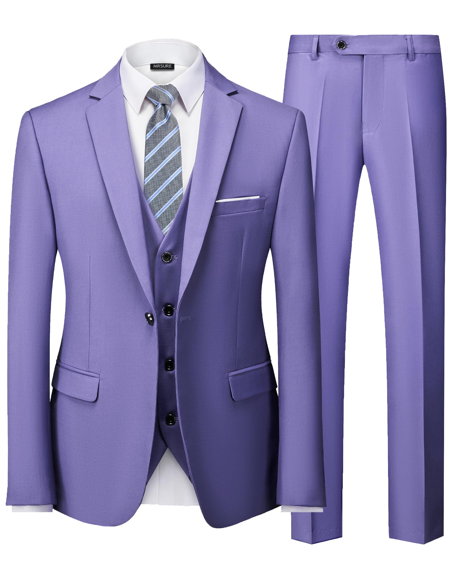 MrSureMrSure Men’s 3 Piece Suit Blazer, Slim Fit Tux with One Button, Jacket Vest Pants & Tie Set for Party, Wedding and Business, Purple, XS