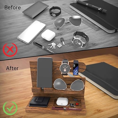 Miniatura 10 de Regalo para papá, regalo para marido, estación de acoplamiento de teléfono de madera, organizador para hombres, mesita de noche de cumpleaños,