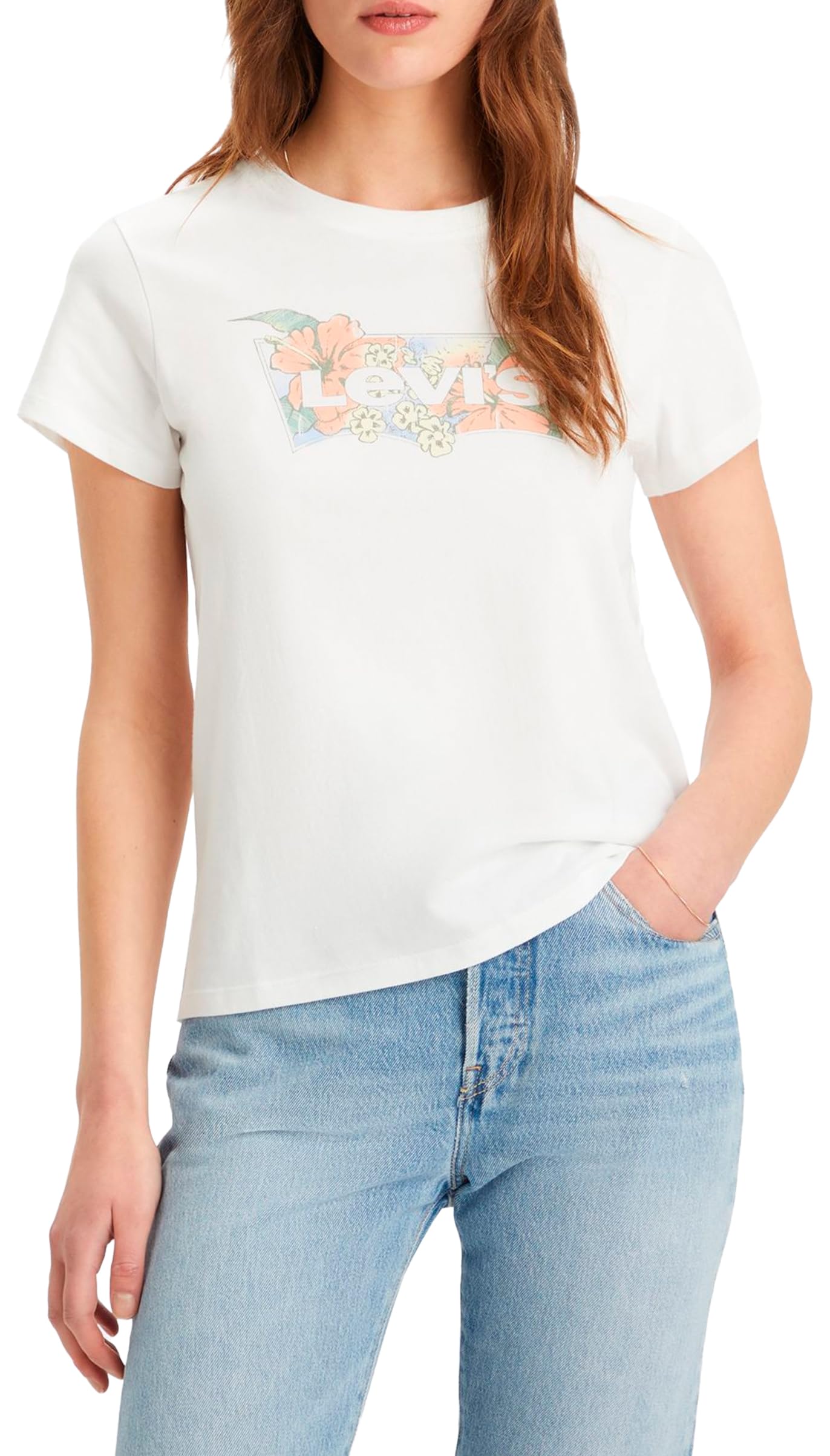 Levi's Women's The Perfect Tee- Graphic Batwing Logo T-Shirt, Hibiscus Bw Fill Bri, XXS