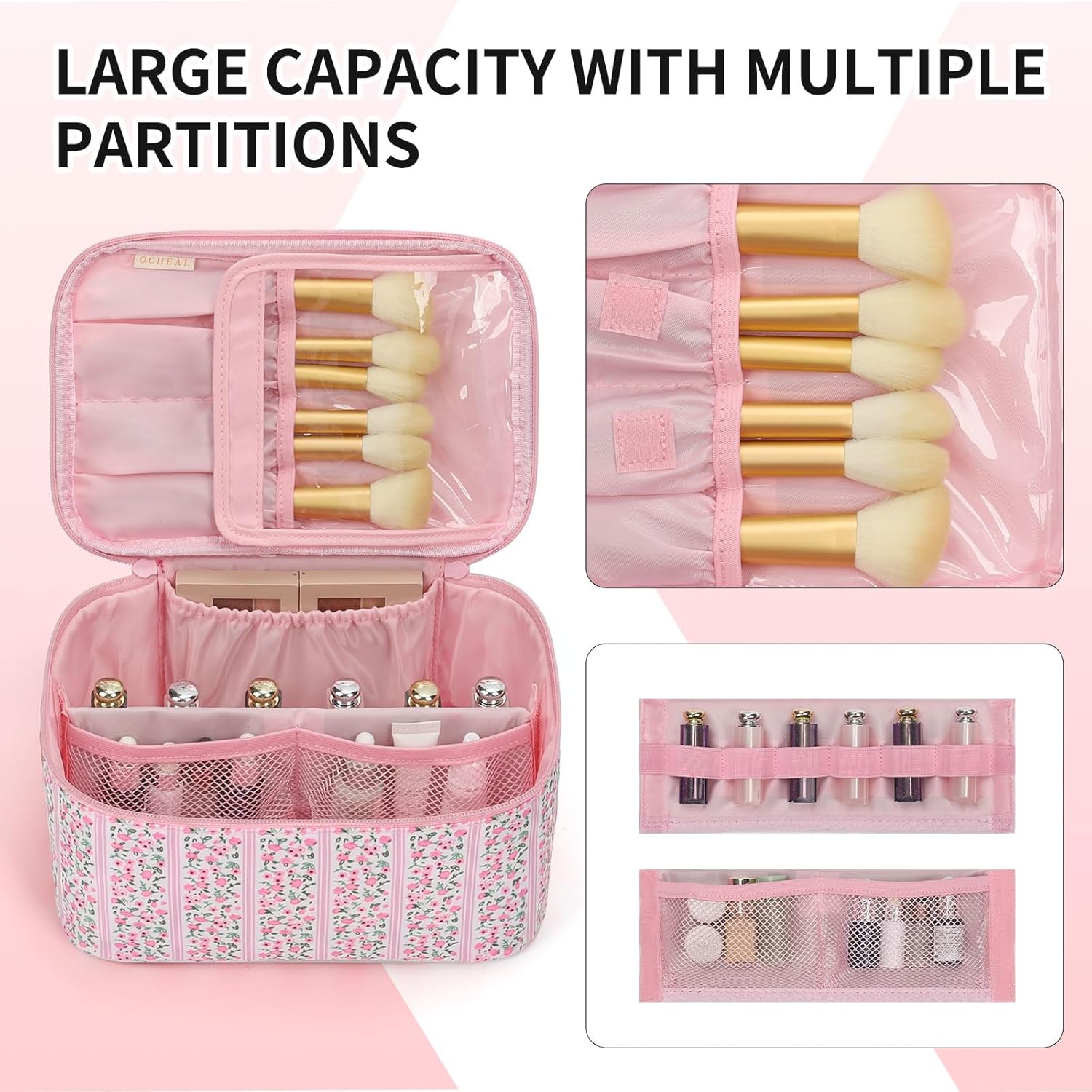 OCHEAL Makeup Bag for Women - Travel Cosmetic Organizer with Brush Slot & Divider, Large Capacity Toiletry Bag for Girls, Travel Makeup Case for everyday Make up Accessories -Pink Floral - Image 6