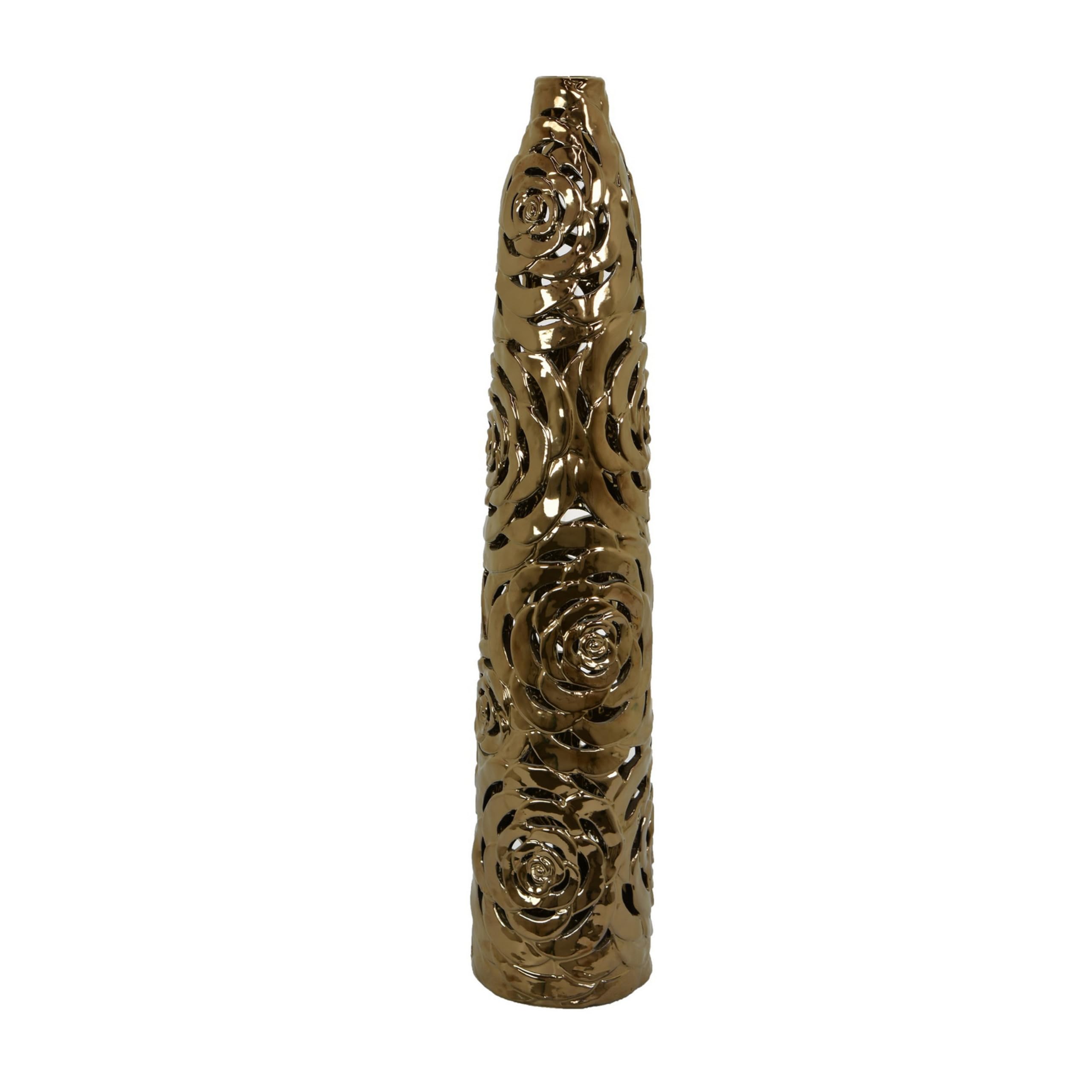 Benjara Reky Tall Vase, Rose Cut Floral Patterns, Slim Profile Bronze Ceramic