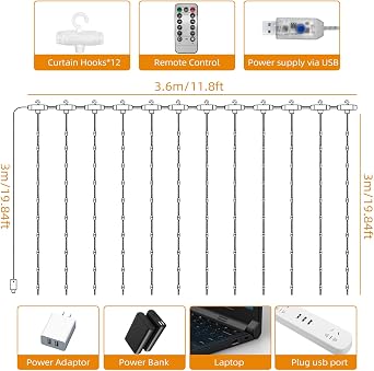Jsdoin Curtain Fairy Lights, 3.6m x 3m 360leds USB Operated 8 Modes String Light Indoor Waterproof Hanging Window Lights with Hooks for Christmas, Wedding, Party,Wall, Home Decorations (Warm White) [Energy Class E]
