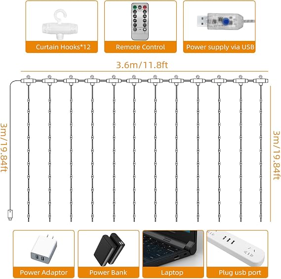 Jsdoin Curtain Fairy Lights, 3.6m x 3m 360leds USB Operated 8 Modes String Light Indoor Waterproof Hanging Window Lights with Hooks for Christmas, Wedding, Party,Wall, Home Decorations (Warm White) [Energy Class E]