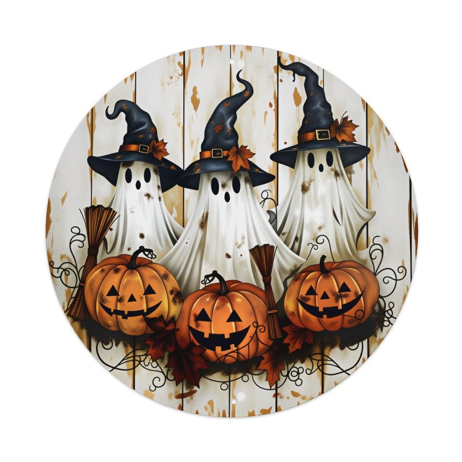 Ghost Witch Hat Pumpkin Autumn Round Tin Sign Vintage Metal Poster Retro Bar, Home, Man Cave, Kitchen, Laundry Room Wall Art Decor Gift 8x8Inch