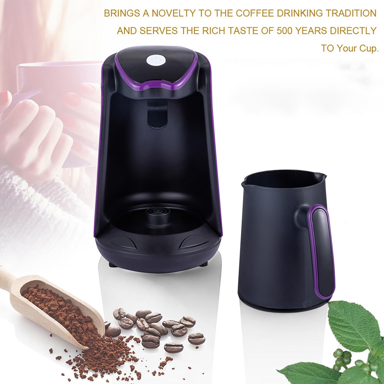 Turcka Kawiarka Jedno dotknięcie, 600W Automatyczna Turcka Kawiarka, 17.6oz (500ML), 4 Kubki, Automatyczne Wyłączanie, dla Domu, Biura(Purple)