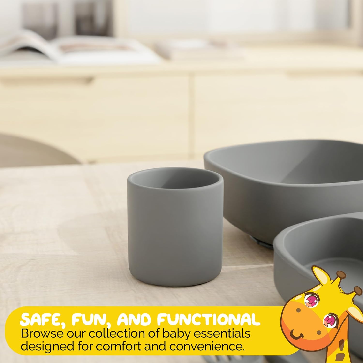 Baby Feeding Set, 6 Piece - Pebble Gray - Includes Suction Bowl, Plate, Silicone Bib, Spoon, Fork for Toddlers & Kids Dinnerware