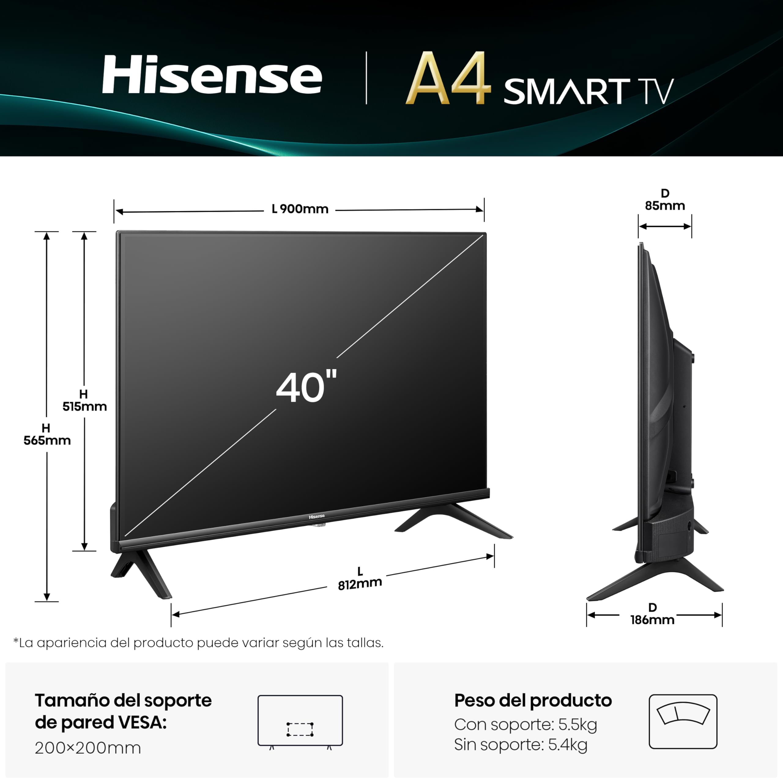 Hisense 40A4Q - FullHD Smart TV 40 Pulgadas, Modo Juego, Deportes IA, Sonido Dolby DTS HD, Alto Contraste, Función Compartir en el Televisor, DVB - T2, Auto Ordenación de los Canales TDT