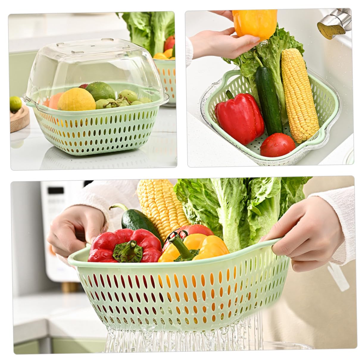 Escurridor de Verduras de Doble Capa en Plástico, Cesta para Lavar Frutas y Verduras, Diseño Resistente y Ahorra para Limpieza en Cocina