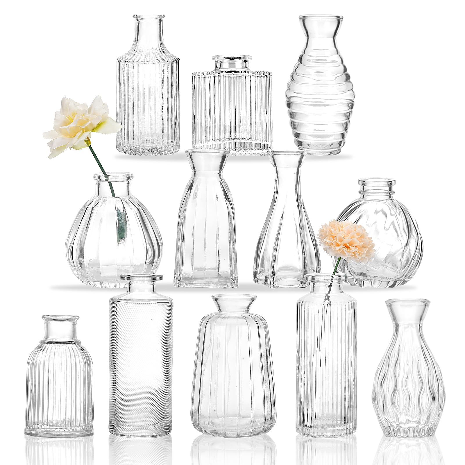 CEWOR 12pcs Glass Bud Vase Set, Small Vases for Flowers, Clear Bud Vases for Centerpieces Mini Flower Vases in Bulk for Rustic Wedding Decorations Vintage Look Home Table Decor